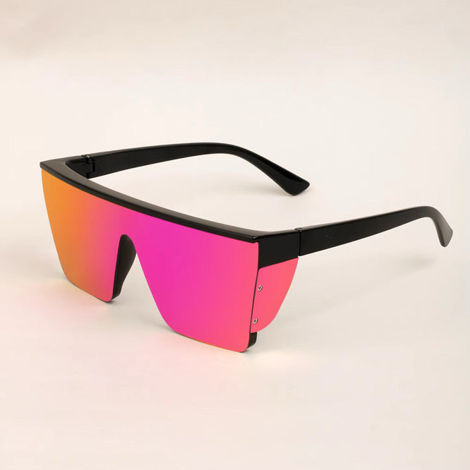 Large square safety glasses with black frame and pink mirrored lenses for stylish eye protection.