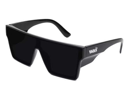 Blue Collar Daddy large square safety glasses with bold black frame and dark lenses for eye protection and style.