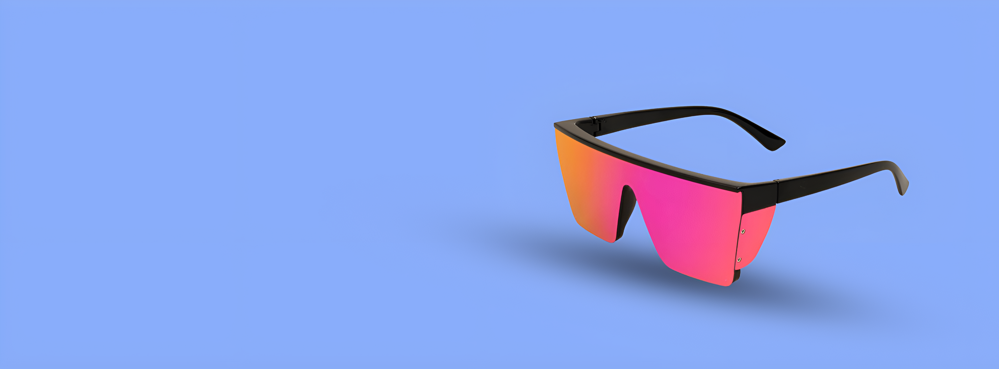 Trendy black frame sunglasses with pink mirrored lenses against a light blue background.